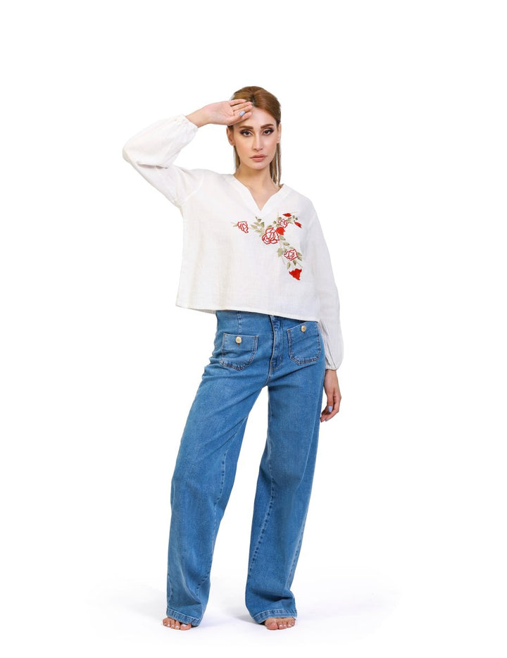 White Stonewashed Linen Blouse with Floral Embroidery - ELLY