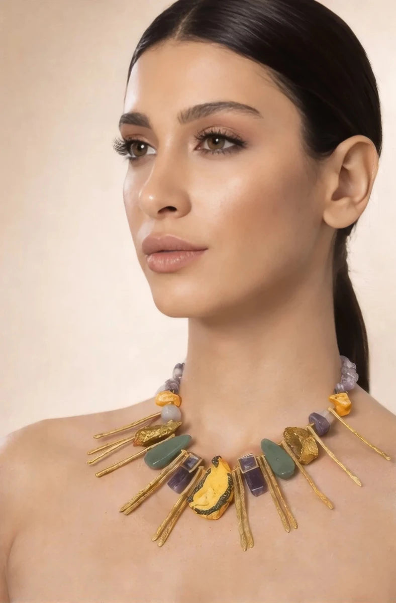 Yellow Jasper & Gemstone Statement Necklace – 18K Gold Plated Brass - ELLY