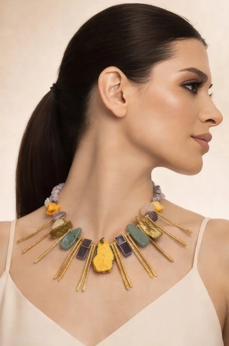 Yellow Jasper & Gemstone Statement Necklace – 18K Gold Plated Brass - ELLY