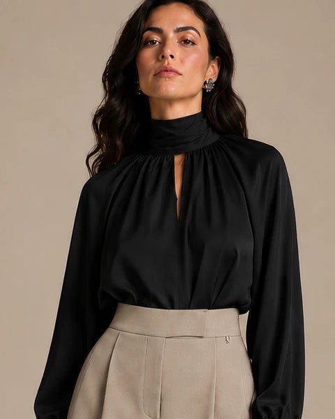 Zendaya Black Gathered-Neck Shirt in Nero, closer product view showing the upper garment silhouette