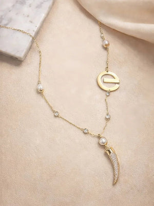 Zircon Half Moon Necklace with Pearl Ornaments - ELLY