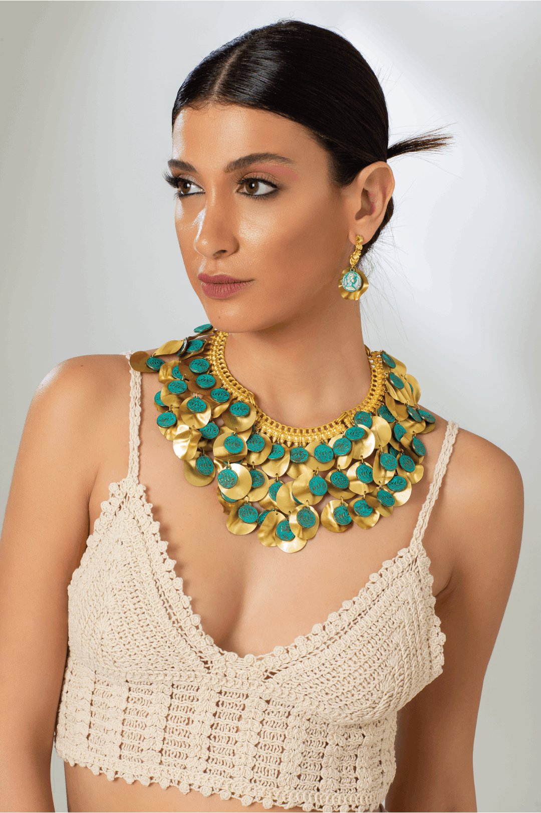 18 karat gold plated brass necklace, adorned with gold leaf and turquoise colored antiqued coins - ELLY