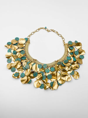 18 karat gold plated brass necklace, adorned with gold leaf and turquoise colored antiqued coins - ELLY