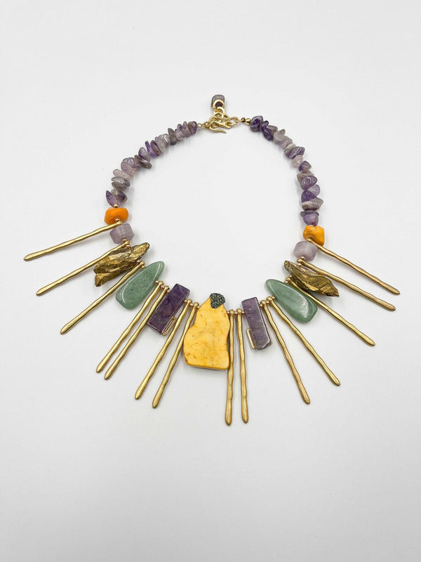 18 karat gold plated brass necklace with Yellow Jasper, green aventurine and purple sodalite stones - ELLY