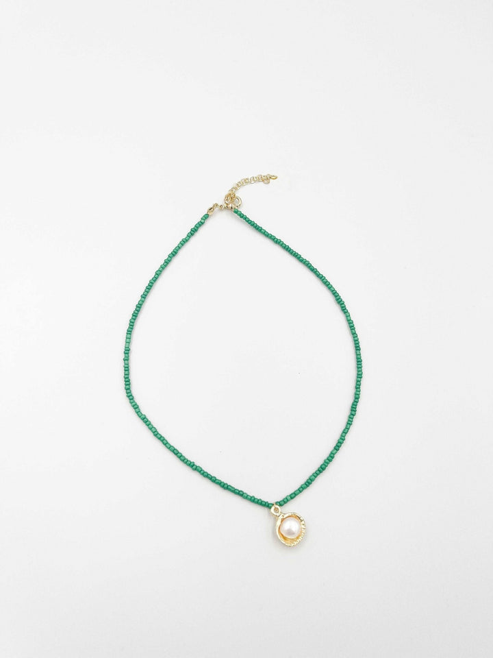 18 karat gold plated necklace featuring beads and a striking Japanese pearl pendant - ELLY