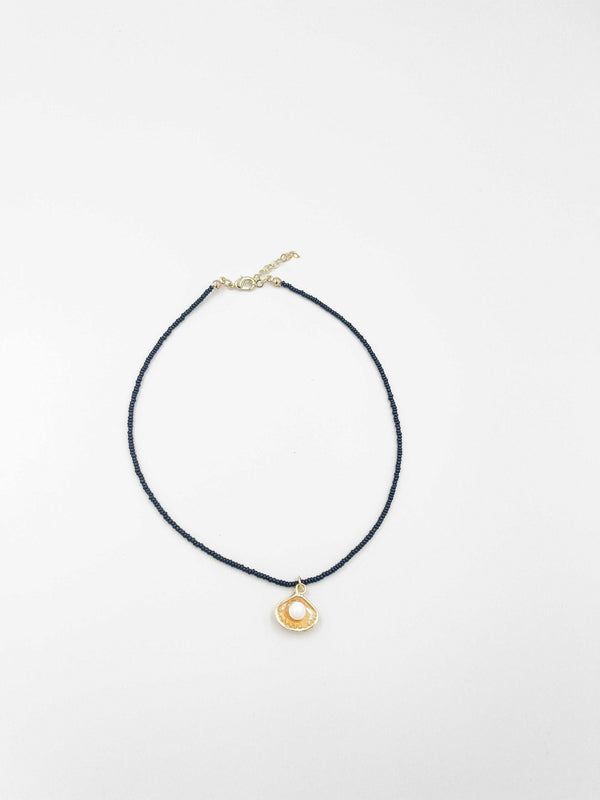 18 karat gold plated necklace featuring beads and a striking Japanese pearl pendant - ELLY