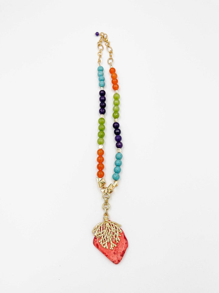 Agate and Turquoise Stone Necklace with Red Jasper stone pendant, gold plated 18 karat - ELLY