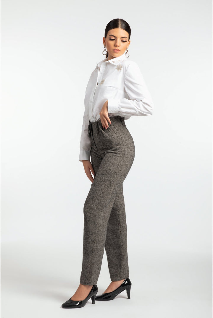 Black and White Herringbone Woven Trousers - ELLY