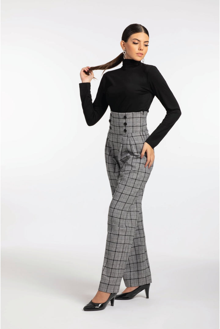 Black and White Plaid High Waisted Pleated Pants - ELLY