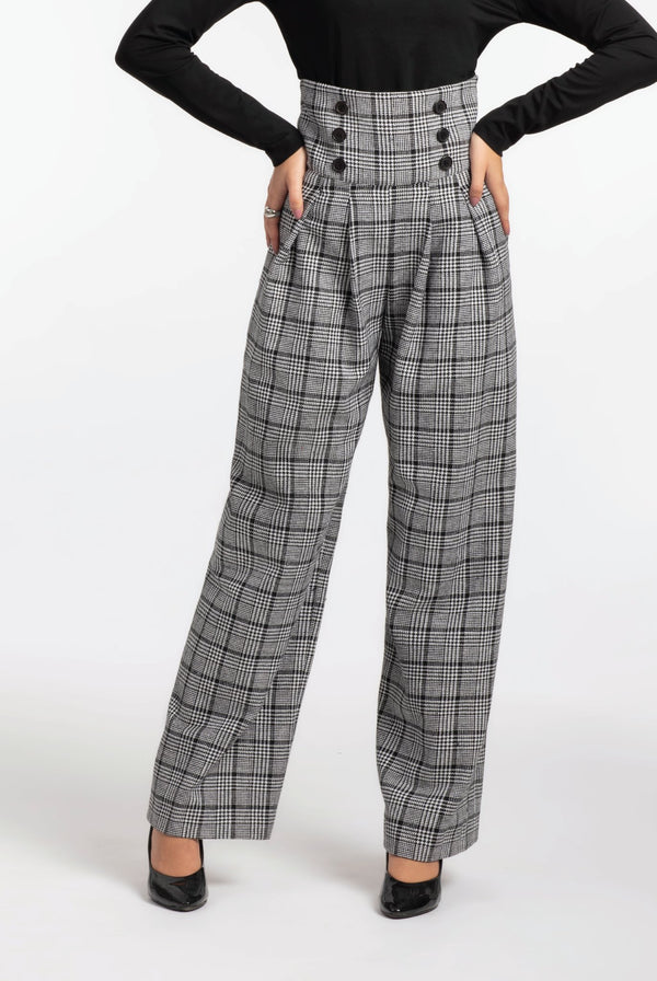 Black and White Plaid High Waisted Pleated Pants - ELLY