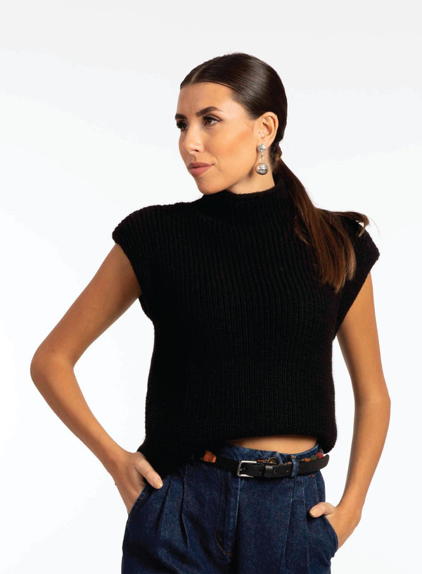 Black Sleeveless Knit Sweater - ELLY