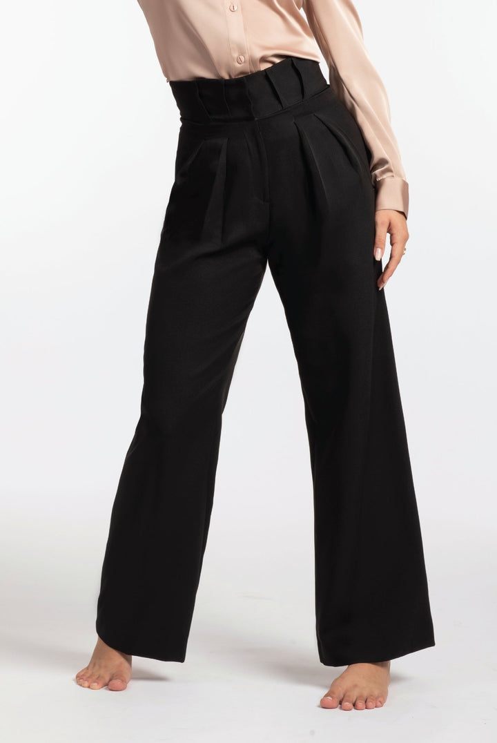 Black Wide-Leg Pleated Pants - ELLY