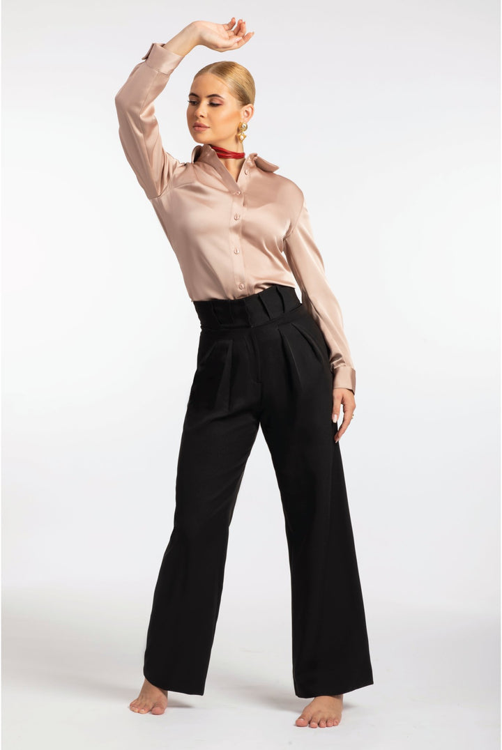 Black Wide-Leg Pleated Pants - ELLY