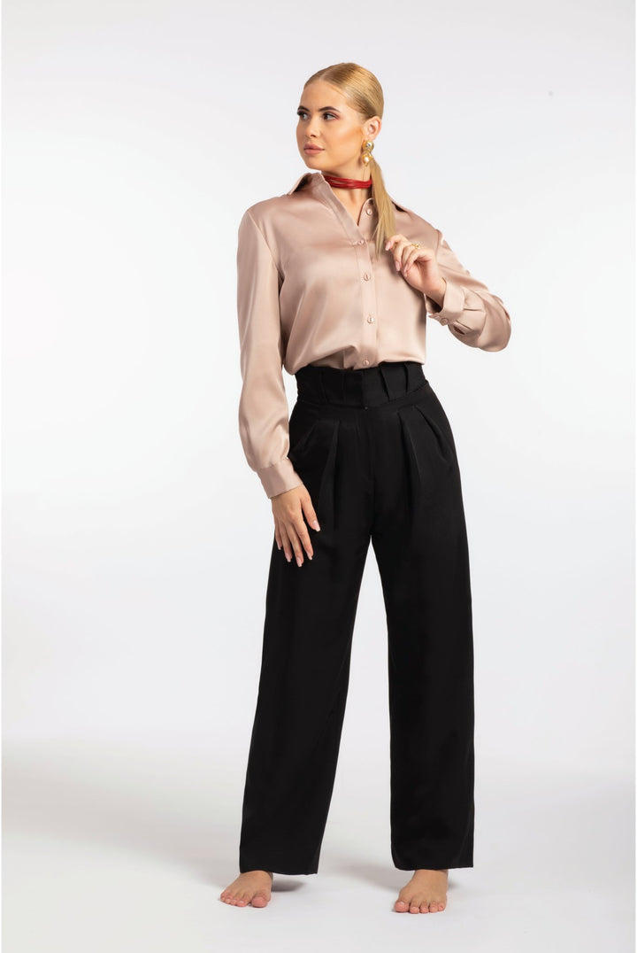 Black Wide-Leg Pleated Pants - ELLY