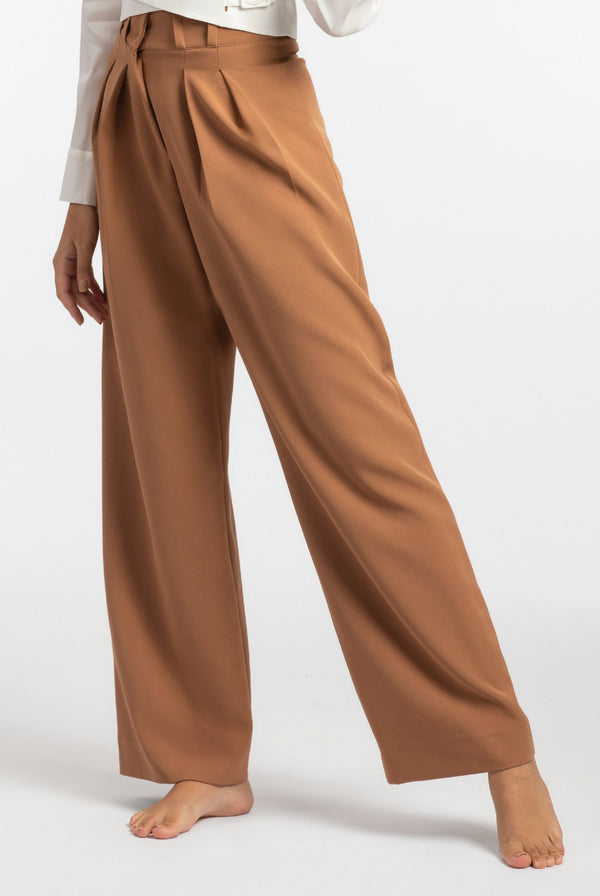 Brown Wide-Leg Pleated Pants - ELLY