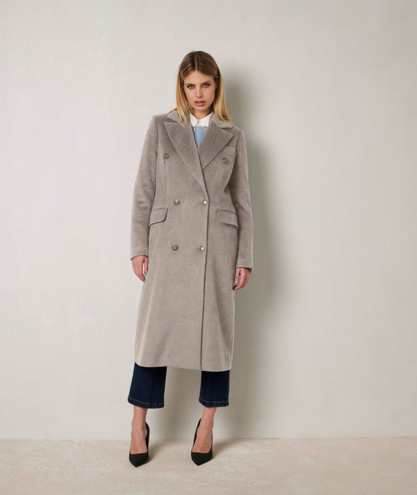 Camel Double-Breasted Long Coat - ELLY