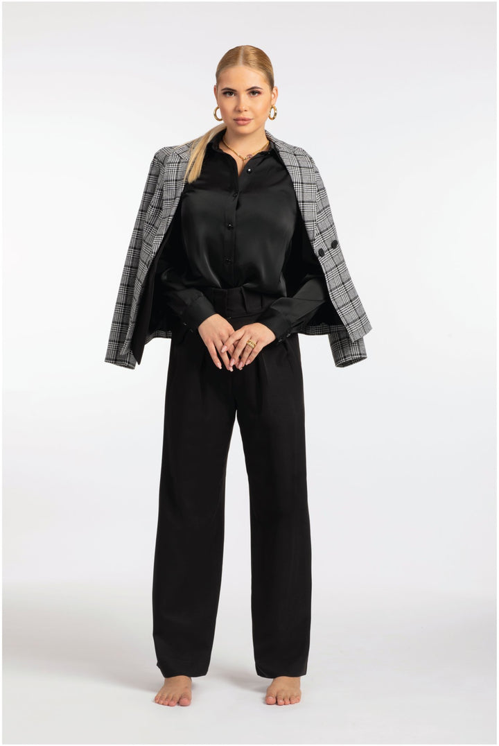 Double-Breasted Plaid Blazer with Black Trim - ELLY