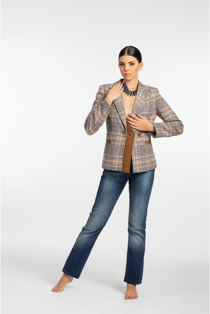 Double-Breasted Plaid Blazer with Tan Brown Trim - ELLY