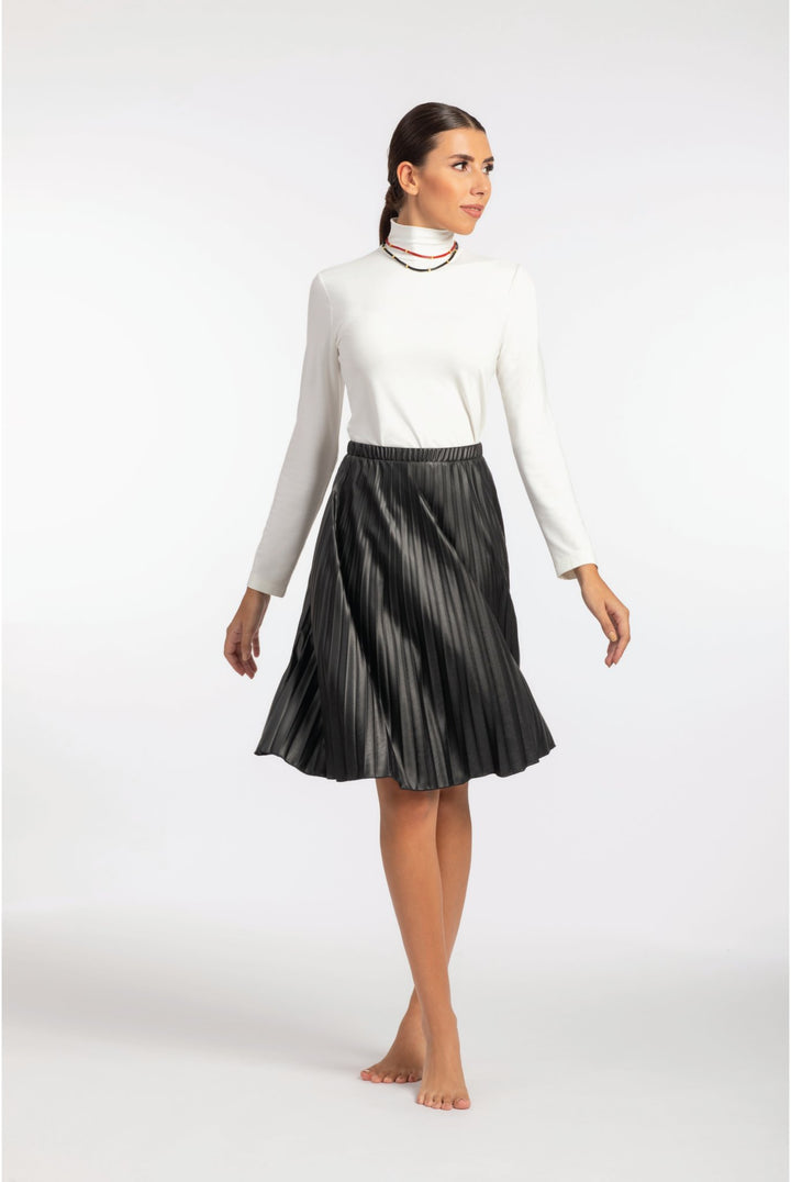 Elegant Black Plisse Leather Skirt - ELLY