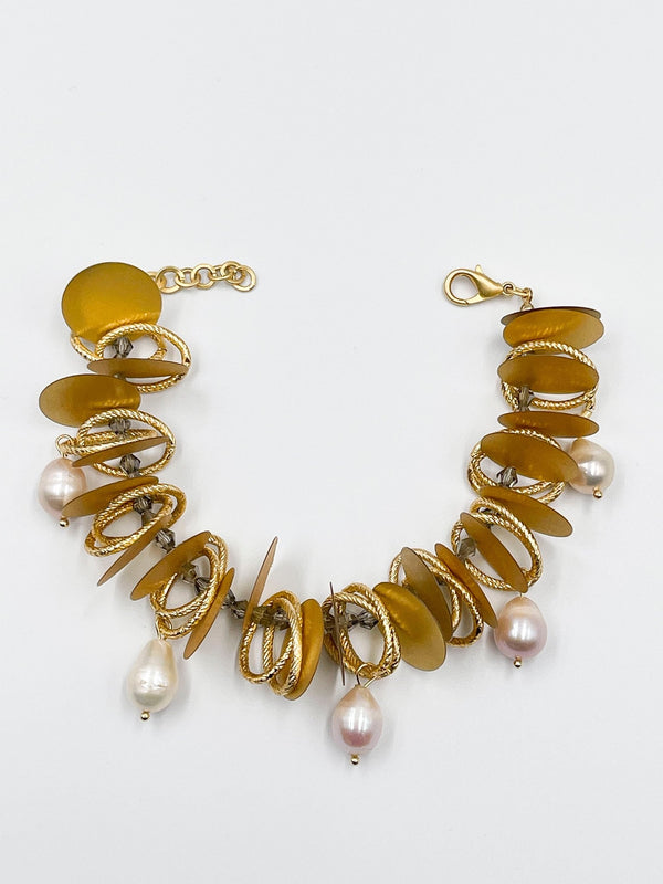 Exquisite Gold Leaf Bracelet Featuring Baroque Pearls - ELLY