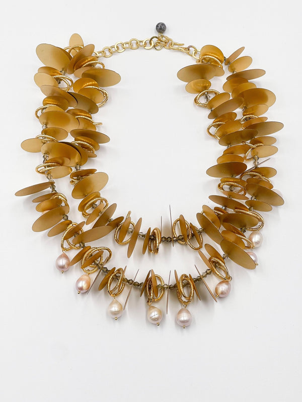 Gold Leaf Necklace Featuring Baroque Pearls - ELLY