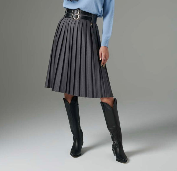 Gray Pleated Double Waist Skirt - ELLY