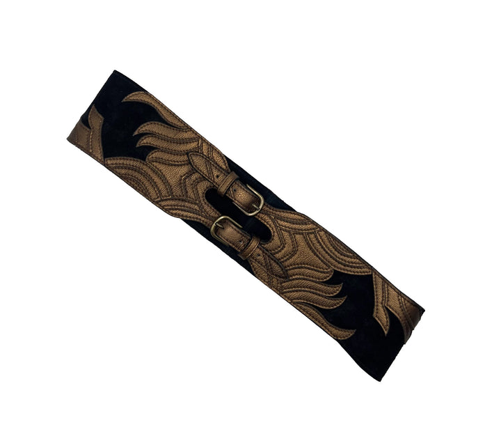 Handmade Black Leather Belt - Geometric Gold Embroidery - ELLY