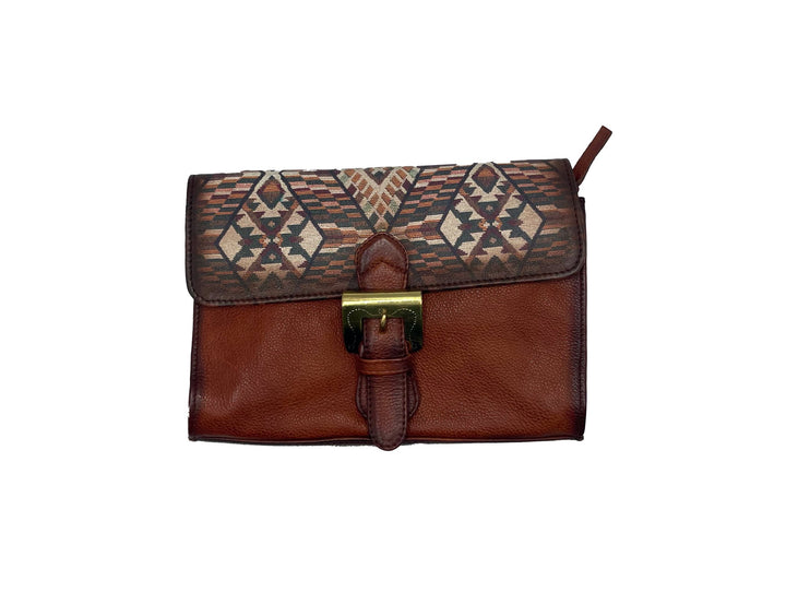 Handmade Cognac Brown Leather Bag with Geometric Pattern - ELLY