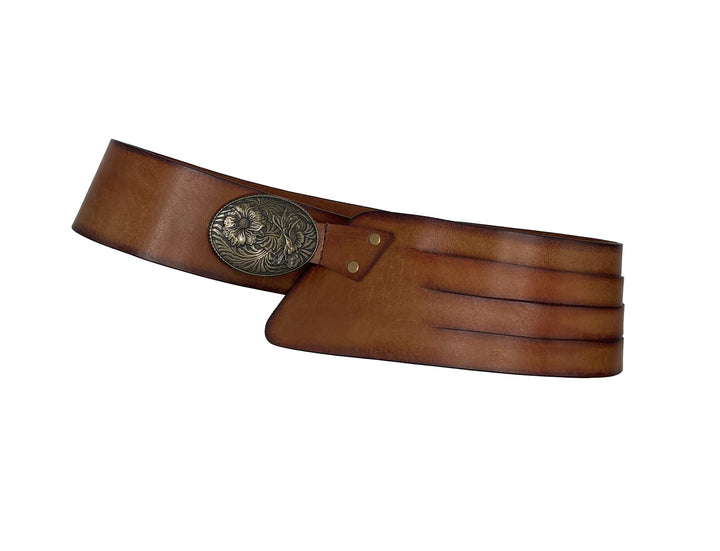 Handmade Leather Belt - Classic Tan with Floral Brass Buckle - ELLY