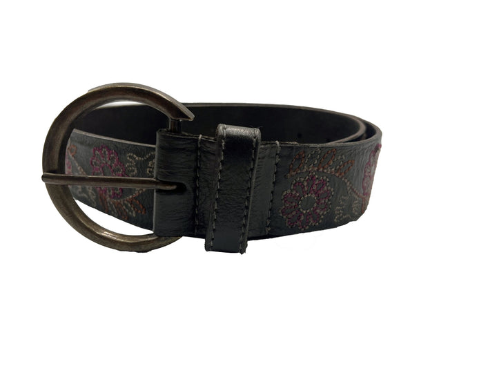 Handmade Leather Belt - Floral Black with White Stitching - ELLY