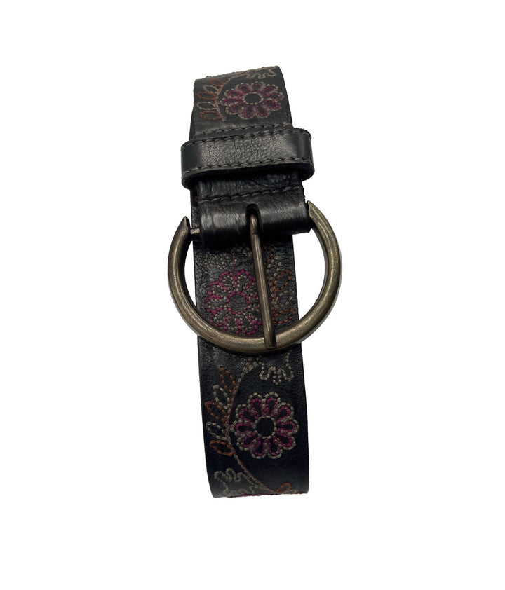 Handmade Leather Belt - Floral Black with White Stitching - ELLY