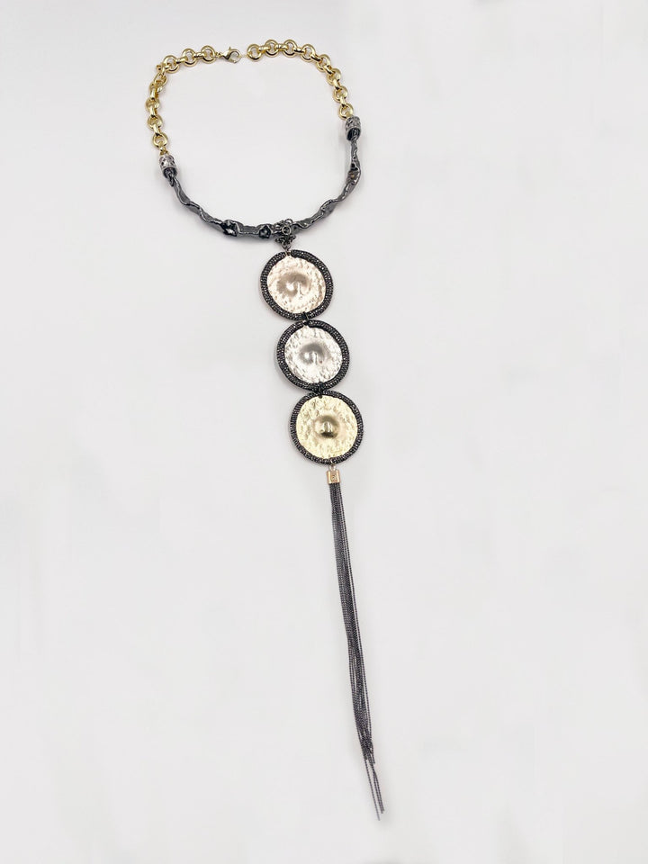 Handmade Rodhium Coated Brass Martele Necklace with Hematite Stones - ELLY