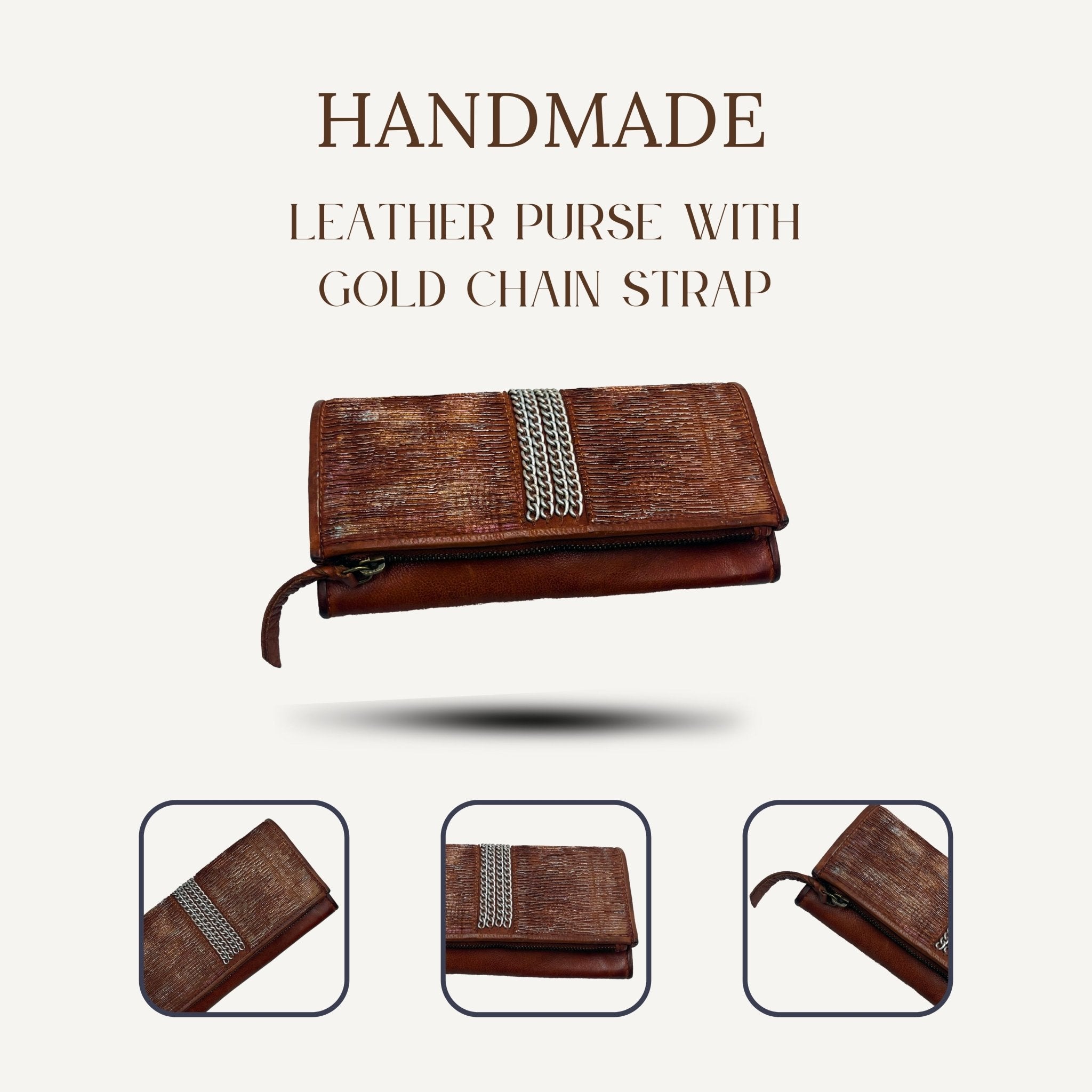 Handmade Tan Brown Leather Purse with Gold Chain Strap - ELLY