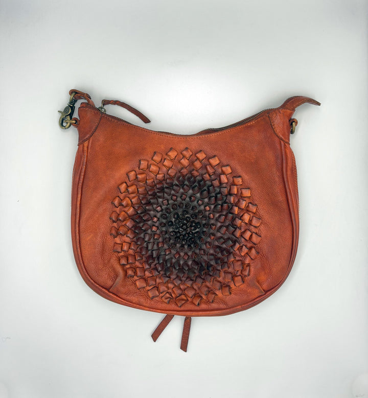 Handmade Tan Leather Crossbody Bag with Flower Design - ELLY