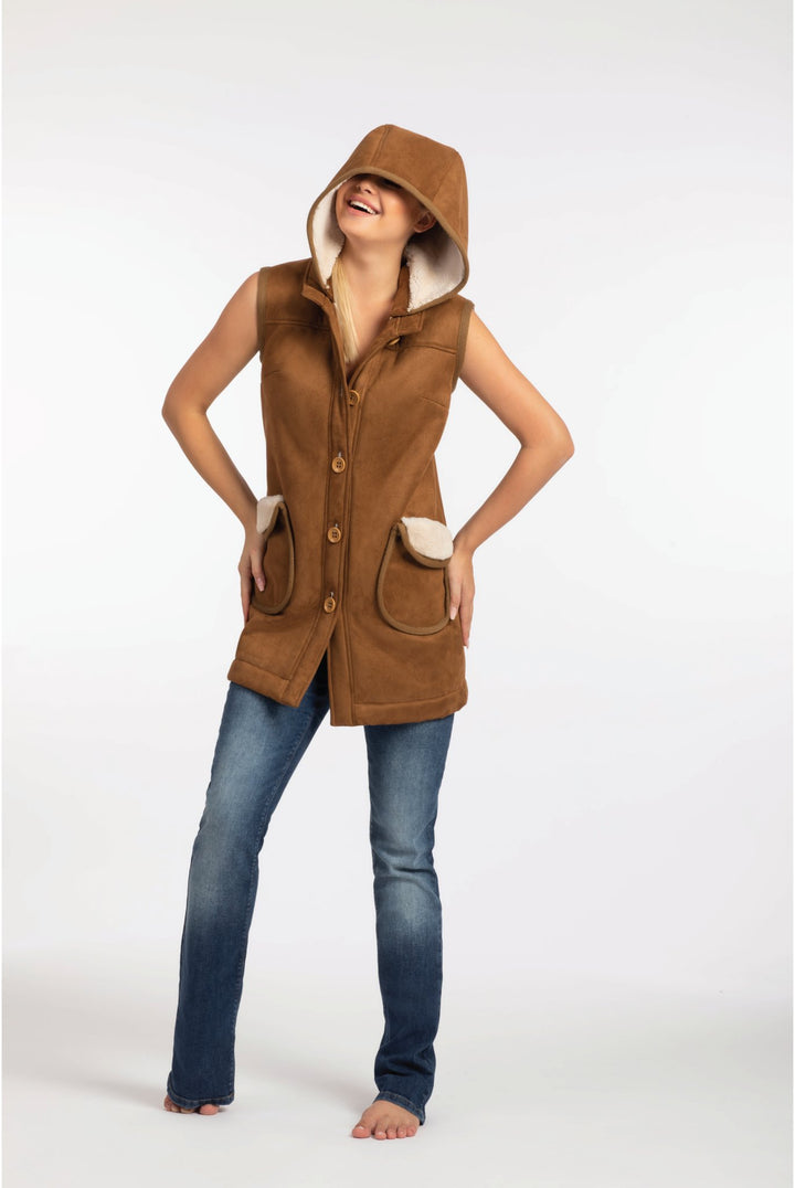 Hooded Sleeveless Fur-Lined Jacket in Brown - ELLY