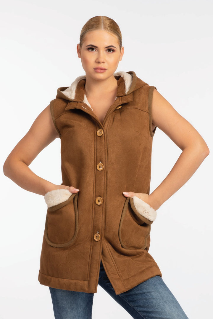 Hooded Sleeveless Fur-Lined Jacket in Brown - ELLY