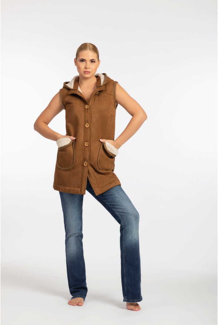 Hooded Sleeveless Fur-Lined Jacket in Brown - ELLY