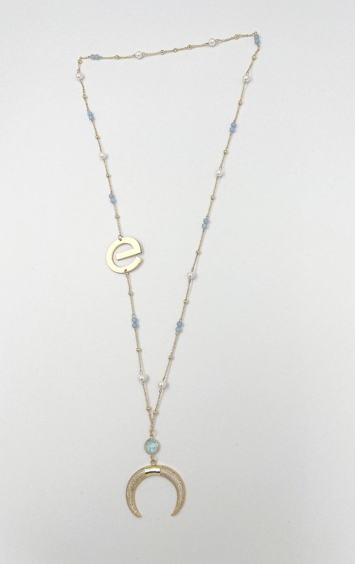 Light Blue Zircon Half Moon and Crystal Ornaments ELLY Necklace - ELLY