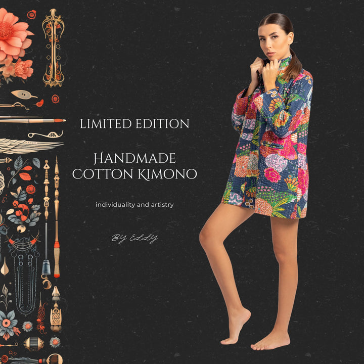 Limited Edition Handmade Cotton Kimono - Navy Blue with Floral and Tropical Fruits Designs - ELLY
