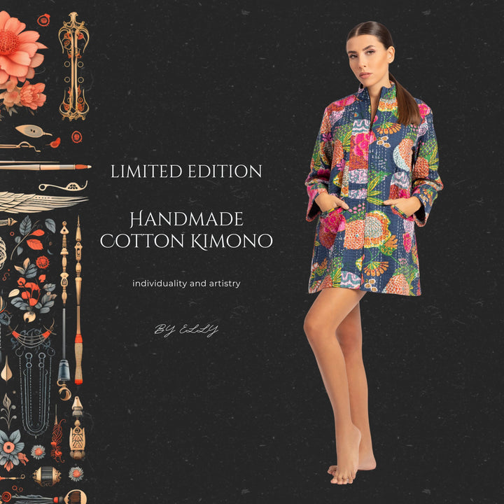 Limited Edition Handmade Cotton Kimono - Navy Blue with Floral and Tropical Fruits Designs - ELLY
