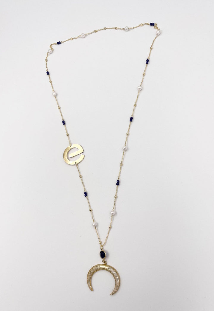 Midnight Blue Zircon Half Moon and Crystal Ornaments ELLY Necklace - ELLY