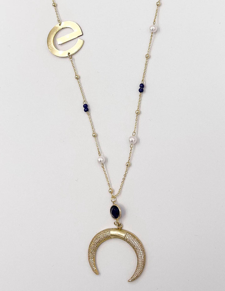 Midnight Blue Zircon Half Moon and Crystal Ornaments ELLY Necklace - ELLY