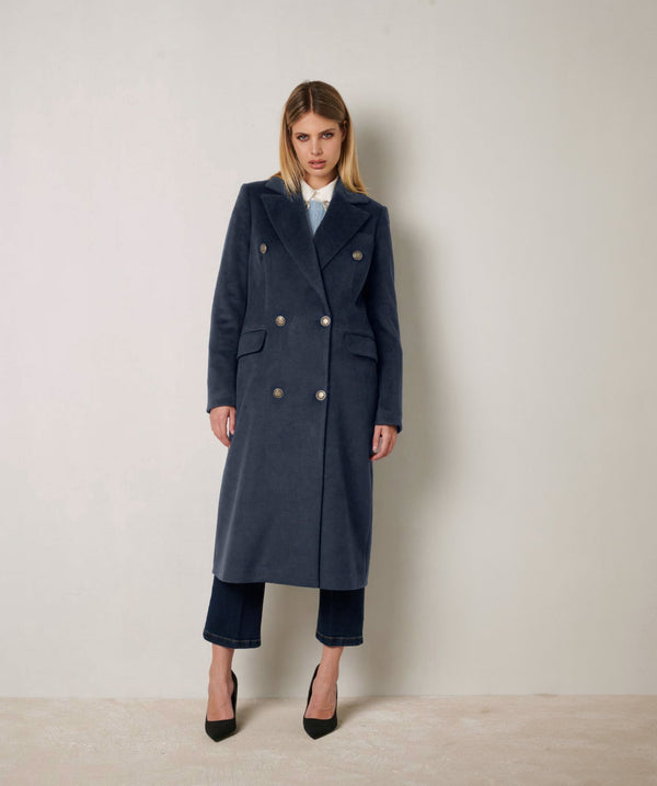 Navy Blue Double-Breasted Long Coat - ELLY