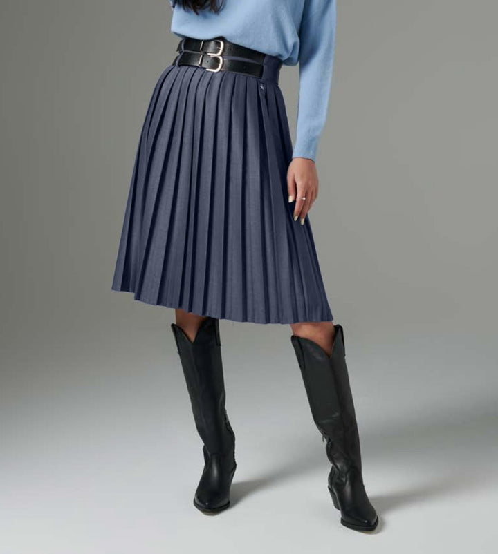 Navy Blue Pleated Double Waist Skirt - ELLY