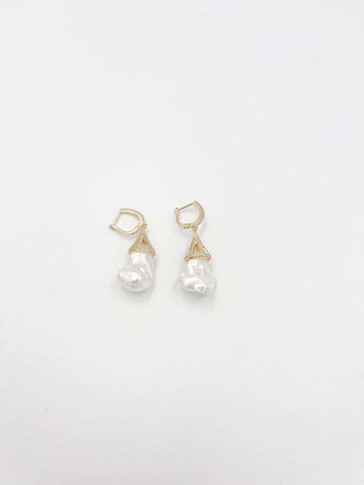 Pearl baroque stone earrings, featuring 18 karat gold plated design and zircon ornaments - ELLY