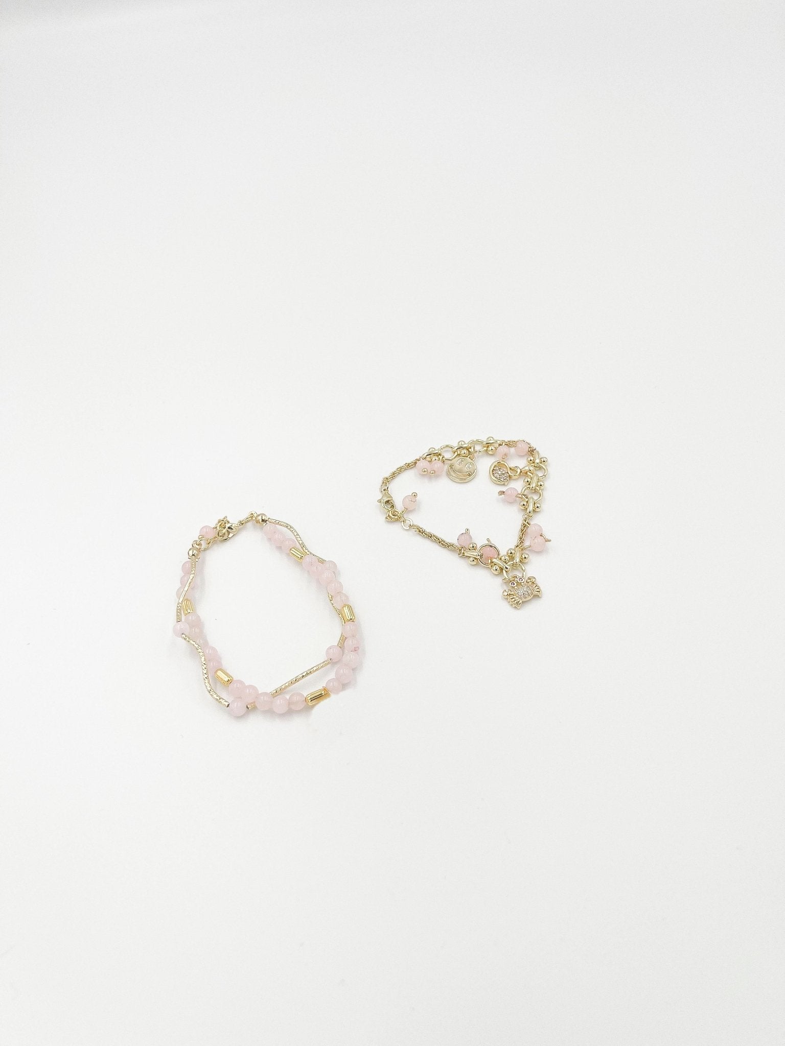 Pink Double Bracelets with Beads and Ornaments Featuring 18-Karat Gold-Plated Brass - ELLY