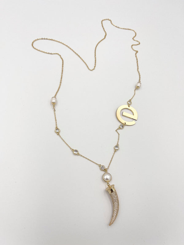 Zircon Half Moon Necklace with Pearl Ornaments - ELLY